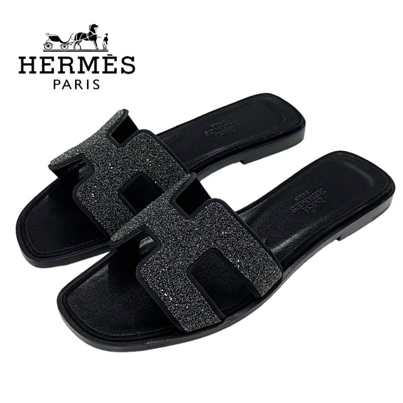 Hermes Oran Sandals Shoes Leather Black Flat Sandals Mules Rhinestone Glitter