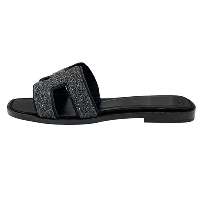 Hermes Oran Sandals Shoes Leather Black Flat Sandals Mules Rhinestone Glitter