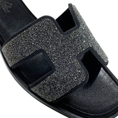 Hermes Oran Sandals Shoes Leather Black Flat Sandals Mules Rhinestone Glitter