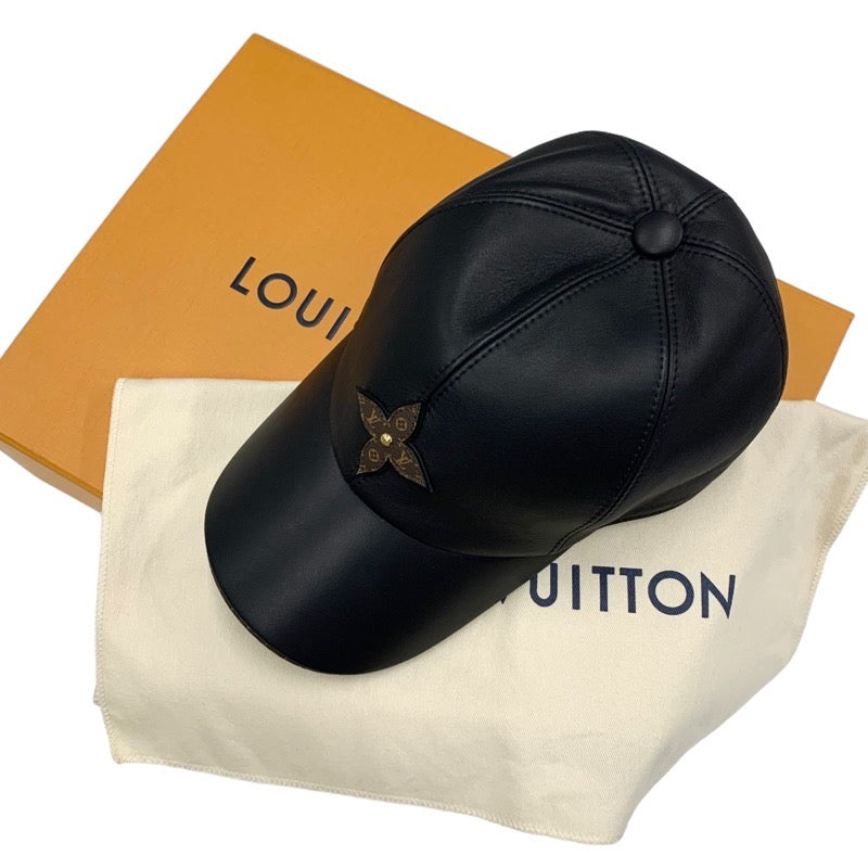 ルイヴィトン LOUIS VUITTON キャップ 帽子 ラムレザー ブラック モノグラムフラワー