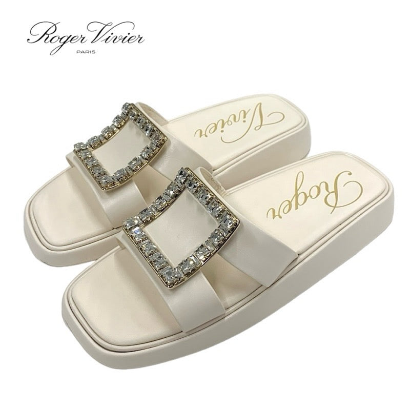 Roger Vivier Sandals, Shoes, Leather, Ivory, Flat Sandals, Mules, Strath Buckle, Bijoux