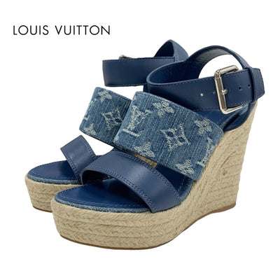 Louis Vuitton Starboard Line Sandals Shoes Leather Denim Blue Unused Espadrille Monogram Wedge Sole