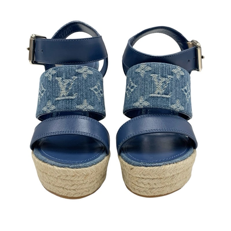 Louis Vuitton Starboard Line Sandals Shoes Leather Denim Blue Unused Espadrille Monogram Wedge Sole