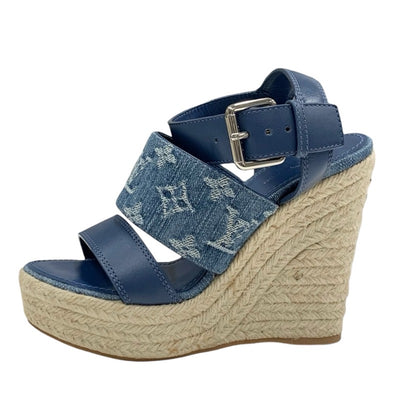 Louis Vuitton Starboard Line Sandals Shoes Leather Denim Blue Unused Espadrille Monogram Wedge Sole