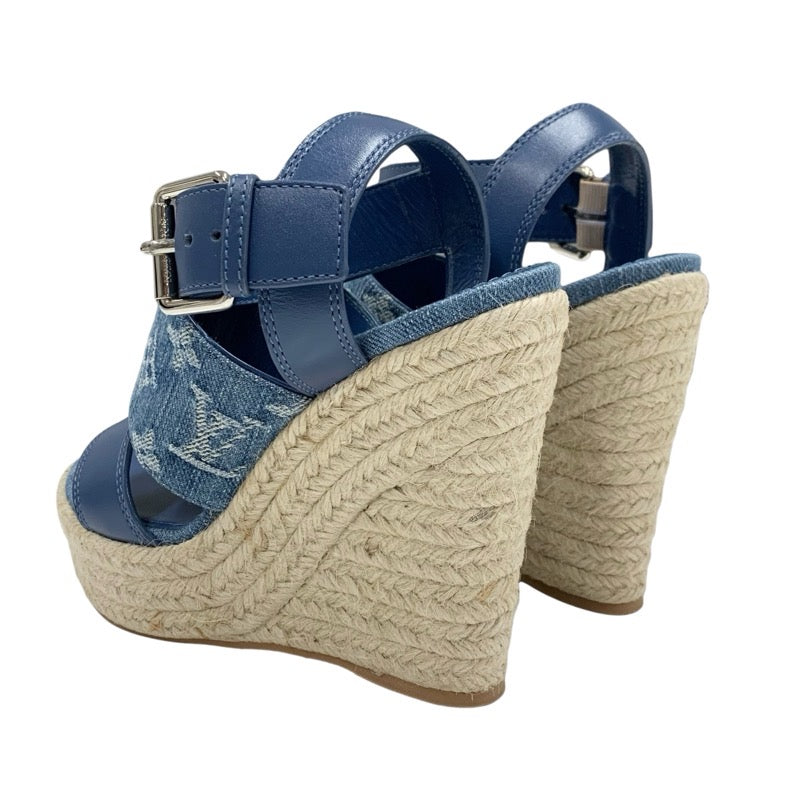 Louis Vuitton Starboard Line Sandals Shoes Leather Denim Blue Unused Espadrille Monogram Wedge Sole