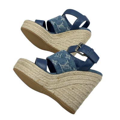 Louis Vuitton Starboard Line Sandals Shoes Leather Denim Blue Unused Espadrille Monogram Wedge Sole