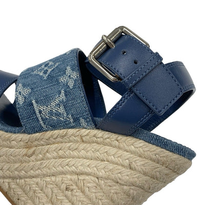 Louis Vuitton Starboard Line Sandals Shoes Leather Denim Blue Unused Espadrille Monogram Wedge Sole