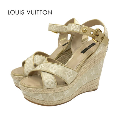 LOUIS VUITTON Starboard Line Monogram Sandals Shoes Fabric Beige Wedge Sole Espadrilles