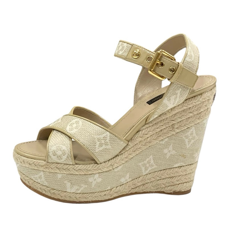 LOUIS VUITTON Starboard Line Monogram Sandals Shoes Fabric Beige Wedge Sole Espadrilles