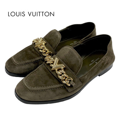 ルイヴィトン LOUIS VUITTON ローファー 革靴 靴 シューズ スエード カーキ ゴールド フラットシューズ チェーン V金具