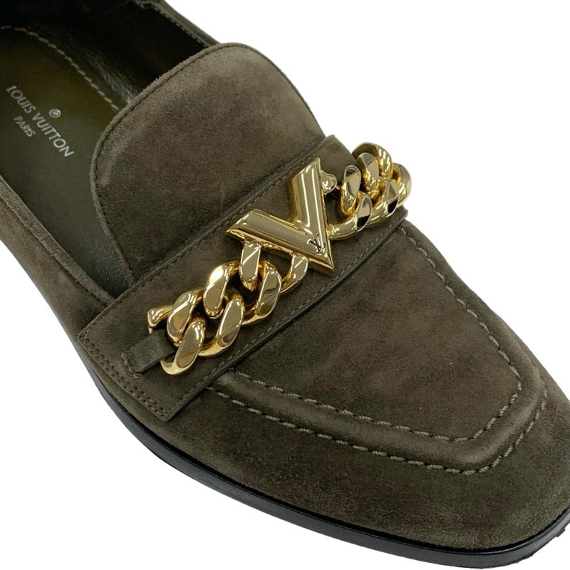 ルイヴィトン LOUIS VUITTON ローファー 革靴 靴 シューズ スエード カーキ ゴールド フラットシューズ チェーン V金具