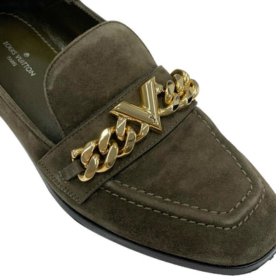 ルイヴィトン LOUIS VUITTON ローファー 革靴 靴 シューズ スエード カーキ ゴールド フラットシューズ チェーン V金具