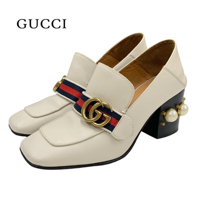 グッチ GUCCI ダブルG パンプス 靴 シューズ GGマーモント パール シェリーライン レザー ベージュ