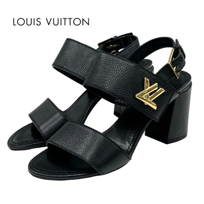 Louis Vuitton Horizon Line Sandals Shoes Leather Black Gold LV Metal Fittings