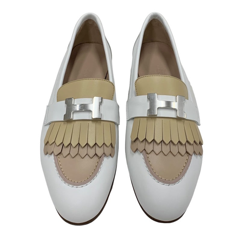 未使用 エルメス HERMES ロワイヤル ローファー 革靴 モカシン フラットシューズ 靴 シューズ H金具 フリンジ レザー ホワイト