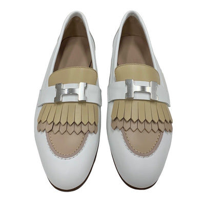 未使用 エルメス HERMES ロワイヤル ローファー 革靴 モカシン フラットシューズ 靴 シューズ H金具 フリンジ レザー ホワイト