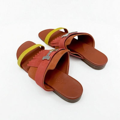 エルメス HERMES コラリア サンダル 靴 シューズ スエード レッド オレンジ イエロー フラット ミュール H金具 フリンジ