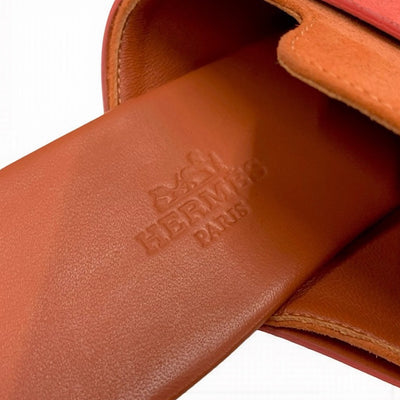エルメス HERMES コラリア サンダル 靴 シューズ スエード レッド オレンジ イエロー フラット ミュール H金具 フリンジ