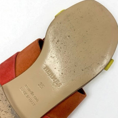 エルメス HERMES コラリア サンダル 靴 シューズ スエード レッド オレンジ イエロー フラット ミュール H金具 フリンジ