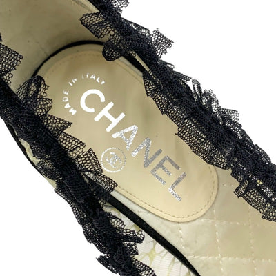 シャネル CHANEL パンプス 靴 シューズ ココマーク フリル メッシュ サテン ブラック アイボリー