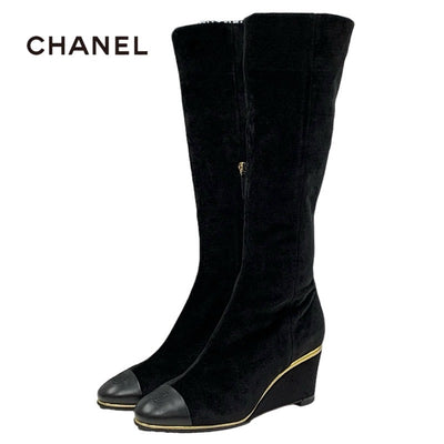 Chanel CHANEL boots, long boots, shoes, velour, leather, black, gold, black, unused, Coco mark, wedge sole