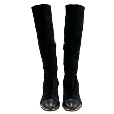 Chanel CHANEL boots, long boots, shoes, velour, leather, black, gold, black, unused, Coco mark, wedge sole