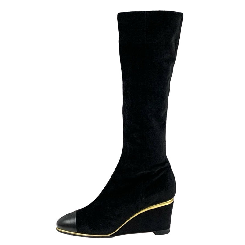 Chanel CHANEL boots, long boots, shoes, velour, leather, black, gold, black, unused, Coco mark, wedge sole