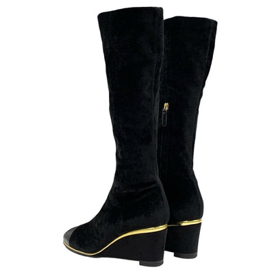 Chanel CHANEL boots, long boots, shoes, velour, leather, black, gold, black, unused, Coco mark, wedge sole