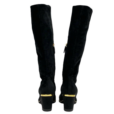 Chanel CHANEL boots, long boots, shoes, velour, leather, black, gold, black, unused, Coco mark, wedge sole