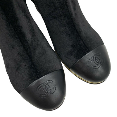 Chanel CHANEL boots, long boots, shoes, velour, leather, black, gold, black, unused, Coco mark, wedge sole