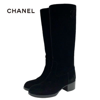 Chanel CHANEL boots, long boots, shoes, velour, black, black, coco mark