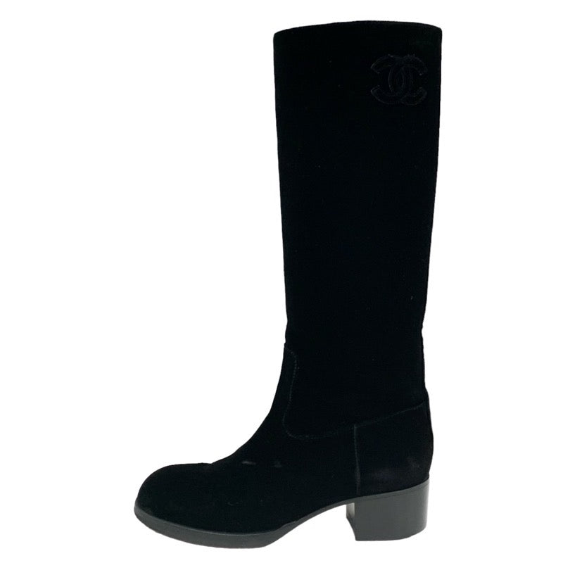 Chanel CHANEL boots, long boots, shoes, velour, black, black, coco mark