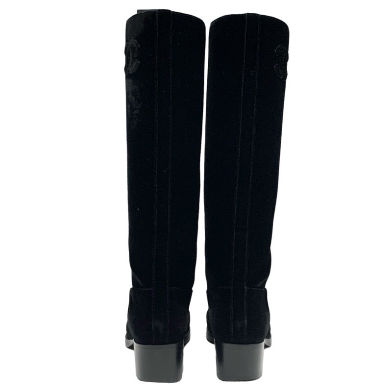 Chanel CHANEL boots, long boots, shoes, velour, black, black, coco mark