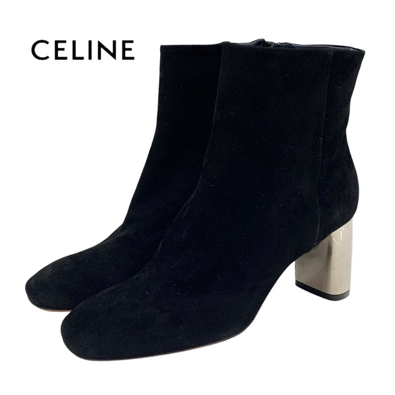 未使用 セリーヌ CELINE ブーツ ショートブーツ 靴 シューズ バンバン メタルヒール スエード ブラック 黒 シルバー