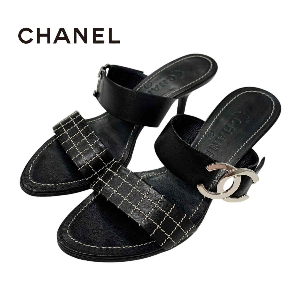 シャネル CHANEL サンダル 靴 シューズ レザー ブラック 黒 シルバー ココマーク ミュール