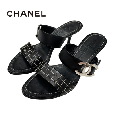 シャネル CHANEL サンダル 靴 シューズ レザー ブラック 黒 シルバー ココマーク ミュール