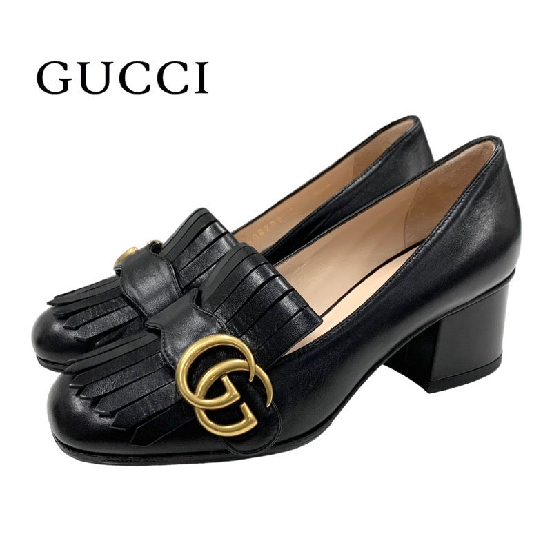 グッチ GUCCI ダブルG GGマーモント パンプス 靴 シューズ フリンジ レザー ブラック 黒