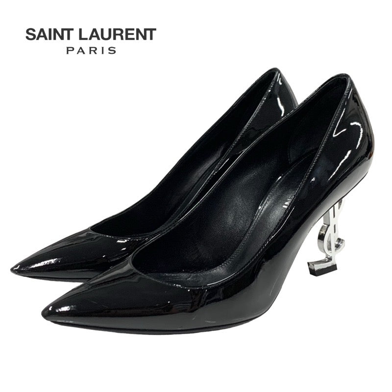 SAINT LAURENT Opium Pumps Shoes Patent Black Silver YSL Logo Heel