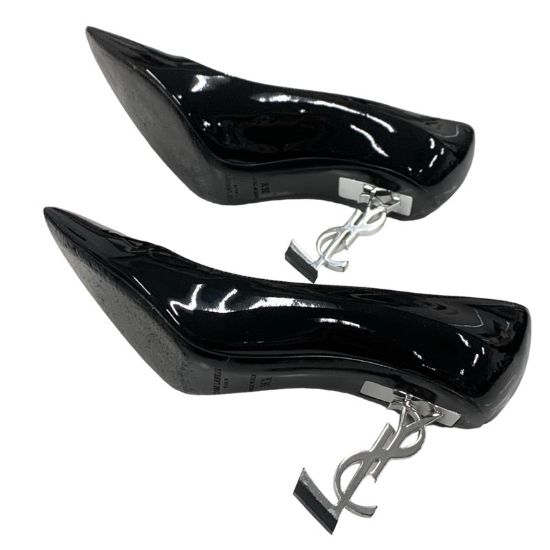 SAINT LAURENT Opium Pumps Shoes Patent Black Silver YSL Logo Heel