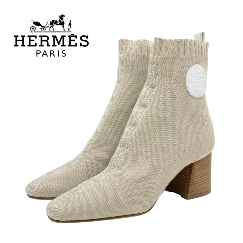 Hermes HERMES Volvelle Boots Short Boots Shoes Fabric Leather Beige White Unused Socks Boots Ex Libris Knit