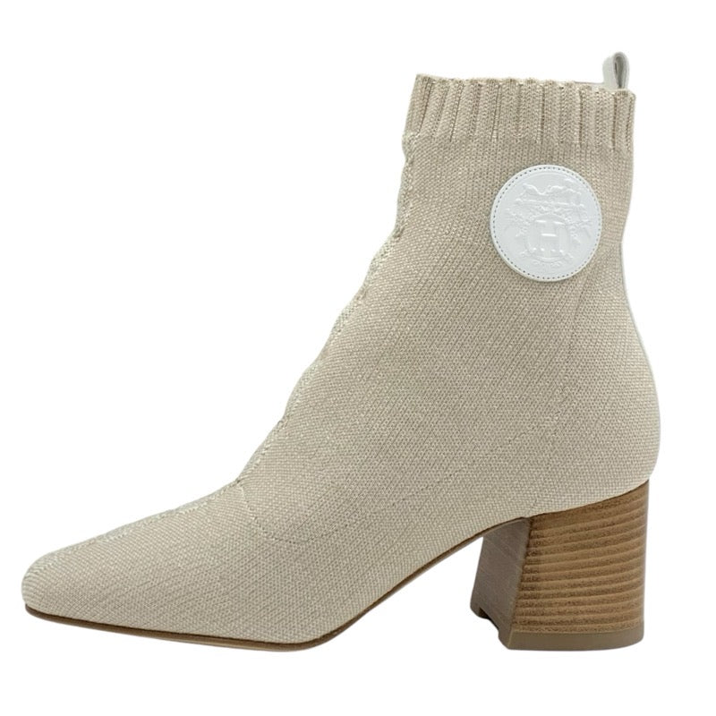 Hermes HERMES Volvelle Boots Short Boots Shoes Fabric Leather Beige White Unused Socks Boots Ex Libris Knit