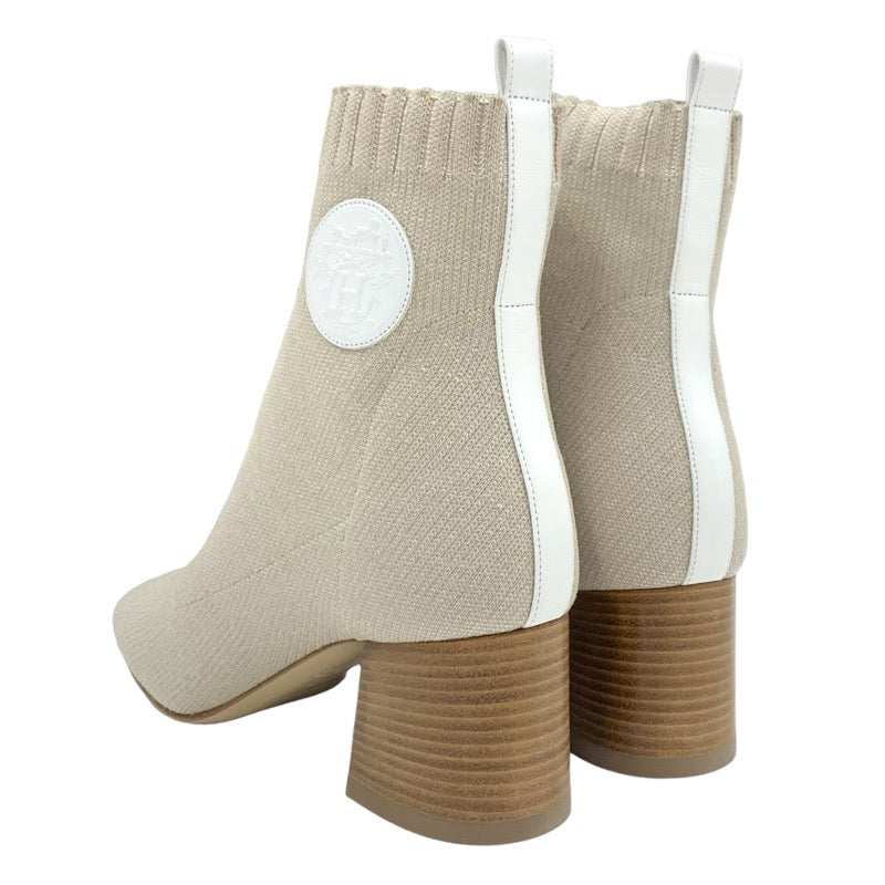 Hermes HERMES Volvelle Boots Short Boots Shoes Fabric Leather Beige White Unused Socks Boots Ex Libris Knit