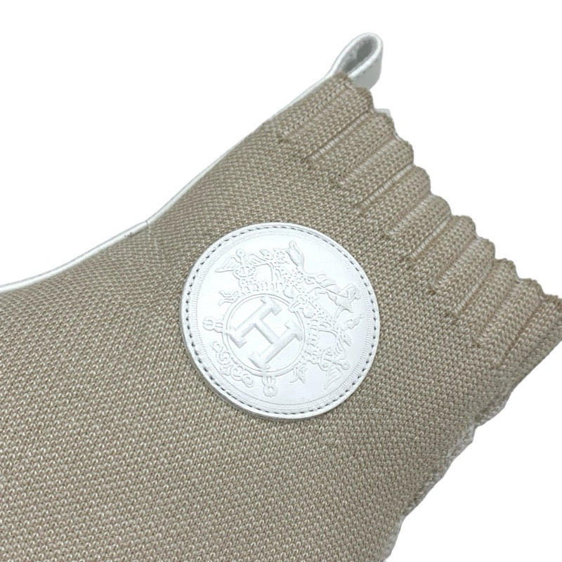 Hermes HERMES Volvelle Boots Short Boots Shoes Fabric Leather Beige White Unused Socks Boots Ex Libris Knit