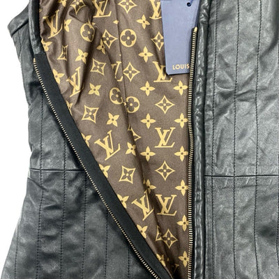 未使用 ルイヴィトン LOUIS VUITTON ピンストライプレザーフィットドレス ワンピース ノースリーブ モノグラム ブラック