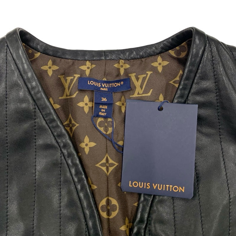 未使用 ルイヴィトン LOUIS VUITTON ピンストライプレザーフィットドレス ワンピース ノースリーブ モノグラム ブラック