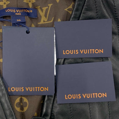 未使用 ルイヴィトン LOUIS VUITTON ピンストライプレザーフィットドレス ワンピース ノースリーブ モノグラム ブラック