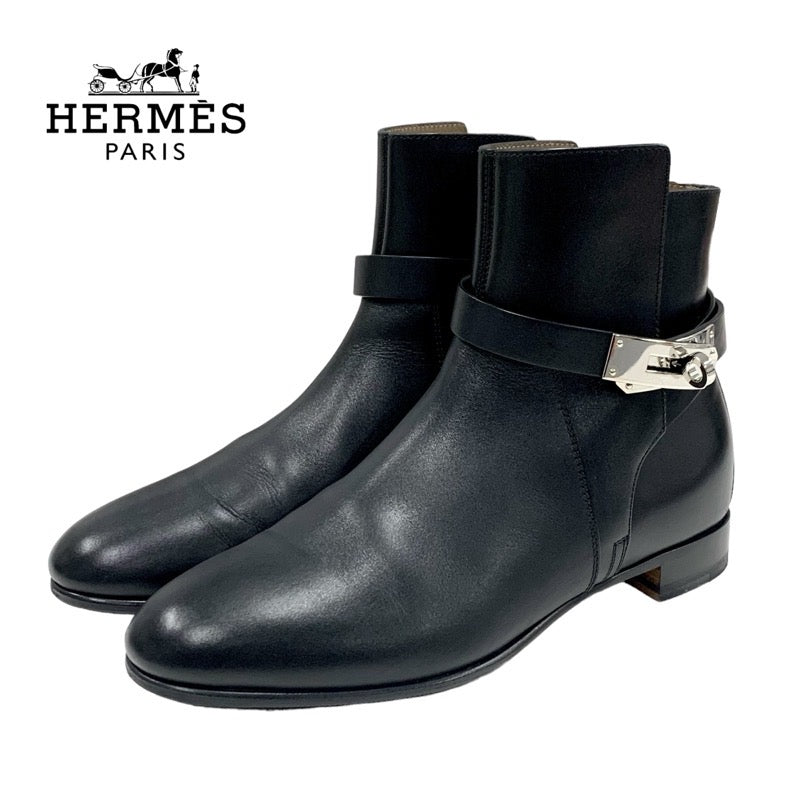 Hermes Neo Boots Short Boots Shoes Leather Black Silver Kelly Metal Fittings