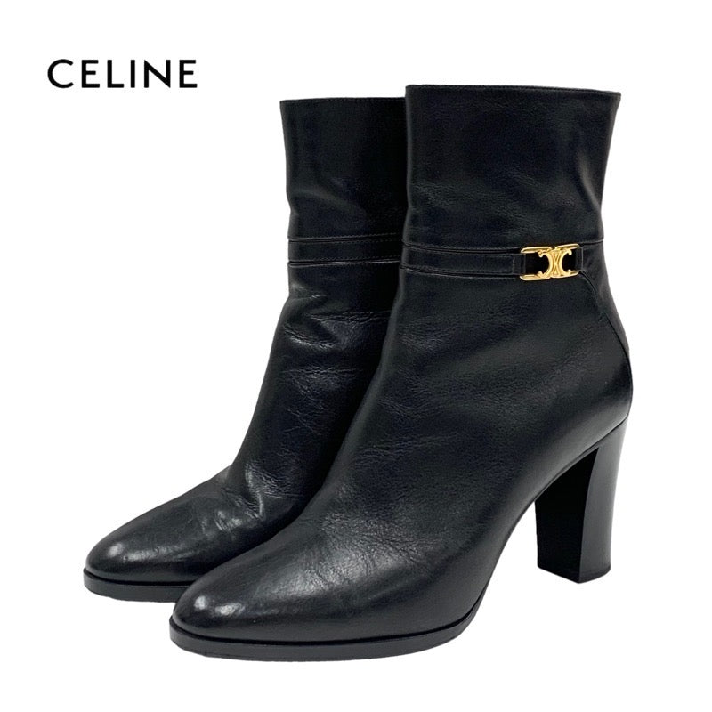 CELINE boots, short boots, shoes, leather, black, gold, triomphe