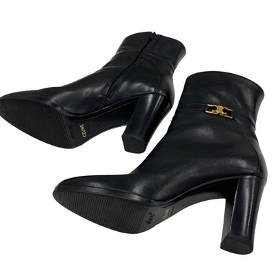 CELINE boots, short boots, shoes, leather, black, gold, triomphe