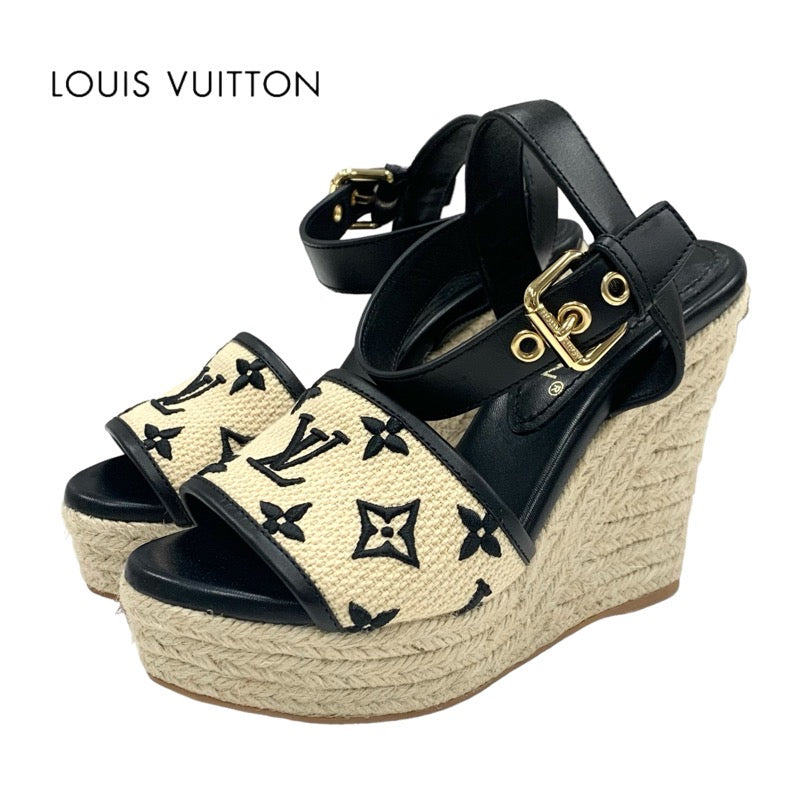ルイヴィトン LOUIS VUITTON スターボードライン モノグラム サンダル 靴 シューズ レザー ファブリック ブラック ベージュ 未使用 エスパドリーユ ウェッジソール 刺繍